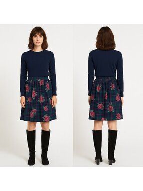Vintage Tanjay Navy Tartan Rose Floral Pleated Skirt